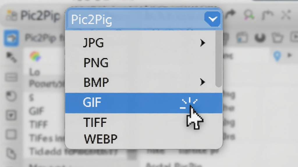 展示Pic2Pic格式选择下拉菜单的特写画面,菜单中列出了JPG、PNG、BMP、GIF、TIFF、WEBP等多种格式选项,鼠标悬停在WEBP选项上,背景为软件界面模糊效果,画质清晰,风格写实,干净无多余元素。