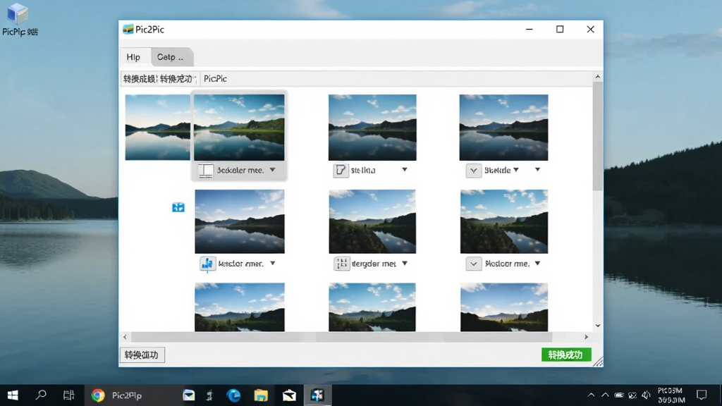 一张展示Pic2Pic软件运行在Windows桌面上的截图,桌面背景为简约风景,软件窗口显示转换完成的图片列表,状态栏显示“转换成功”,整体画面清晰,色彩自然,无多余元素。
