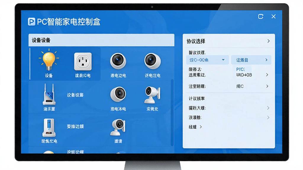 ����Ϊ������Ļ��д����Ļ����ʾ��PC���ܼҵ���ƺС����豸���ӽ��棬������豸�б����Ҳ���Э��ѡ��˵������ֲ������ҷ������Ű����࣬���Ϊдʵ�Ƽ��磬ϸ��ͻ�����������豸ͼ�꣨���ݡ�����������ͷ������ɫ���������������ɾ����޶���Ԫ�ء�