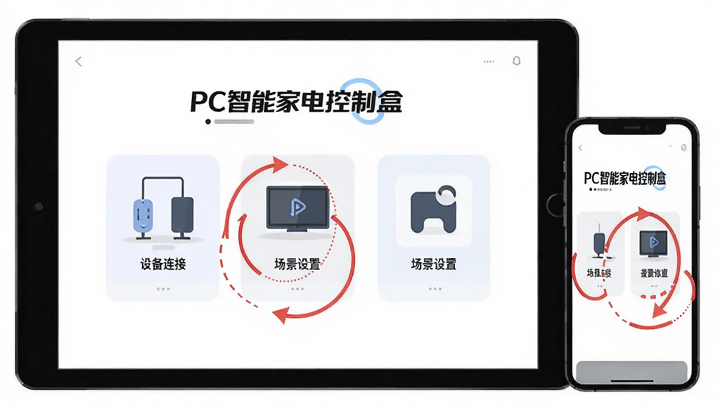 ����Ϊ�����������ֻ�ƽ�����ϳ�������Ļ����ʾ��PC���ܼҵ���ƺС��Ľ̳�����ҳ�棬�������豸���ӡ����������á��Ȳ���ͼʾ������Ϊƽ��չʾ�����Ϊ��ƽ�廭�磬ϸ���ú�ɫԲȦ��ע�ص����������Ϊ��ɫ�����ʸɾ��������޶���Ԫ�ء�