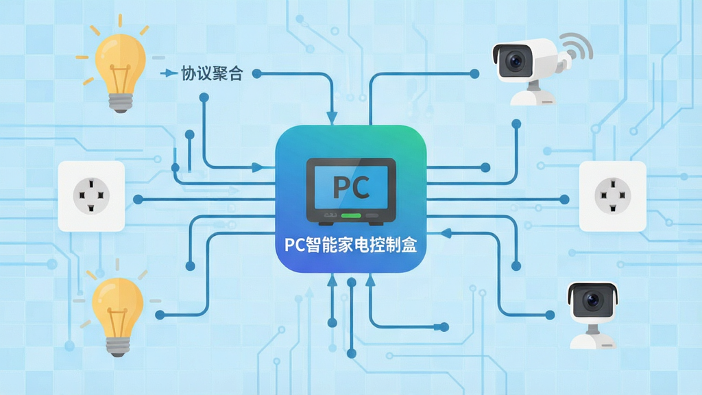 һ��ʾ��ͼ�����������ǡ�PC���ܼҵ���ƺС�����ͼ�꣬��Χ�����Ÿ��������豸����ݡ�����������ͷ�����������ӱ�ʾЭ��ۺϣ�����Ϊǳ��ɫ�Ƽ������Ű����룬����ƽ����ϸ�����������ʸɾ�