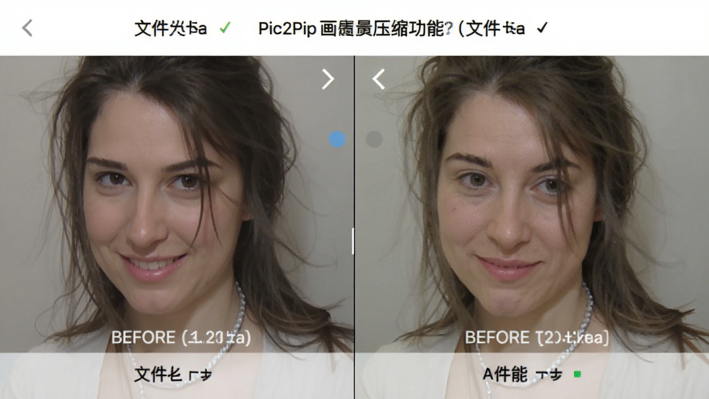 图片展示Pic2Pic画质压缩功能的对比效果,左右分屏显示压缩前后的图片细节,并标注文件大小变化,界面直观,画质清晰,无多余元素