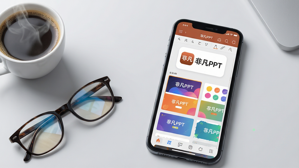 主体:一部智能手机屏幕显示非凡PPT的编辑界面,界面上有丰富的模板缩略图和编辑工具栏,手机旁放置着一杯咖啡和一副眼镜。布局:手机位于画面中央偏右,左侧留白放置咖啡和眼镜,背景为简约的浅灰色办公桌面。排版:手机屏幕内容清晰可辨,展示“非凡PPT”的Logo和几个彩色模板卡片,整体构图平衡。风格:现代商务风格,光影柔和,色彩明快。细节:屏幕上的文字需清晰显示“非凡PPT”,咖啡杯冒有热气,眼镜反光自然。画质:4K超清,干净,无多余元素。