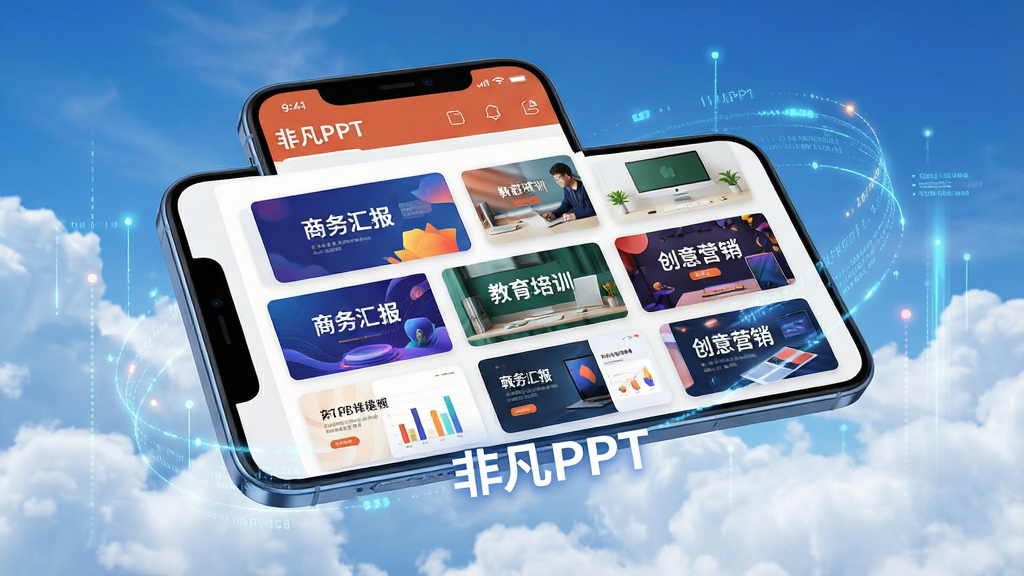 主体:一个巨大的手机屏幕悬浮在云端,屏幕中展示非凡PPT的模板库界面,各种风格的模板封面像卡片一样排列。布局:手机屏幕占据画面主要位置,背景是蓝天白云,有数据流光环绕。排版:模板封面错落有致,显示“商务汇报”、“教育培训”、“创意营销”等分类标签。风格:科技感与时尚感结合,色彩鲜艳。细节:屏幕上的文字清晰可见“非凡PPT”,模板封面有缩略图风格。画质:高清渲染,干净,无多余元素。