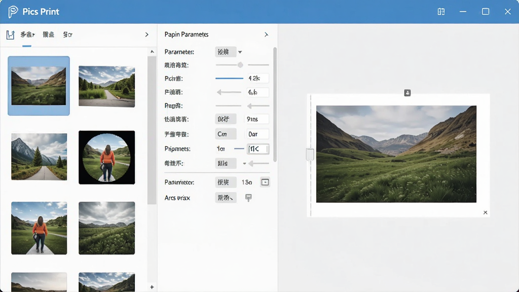 一张展示Pics Print主界面的截图,界面左侧为图片列表,右侧为打印预览区域,中间是排版参数设置面板,整体风格简洁明亮,布局清晰,细节丰富,画质干净,无多余元素