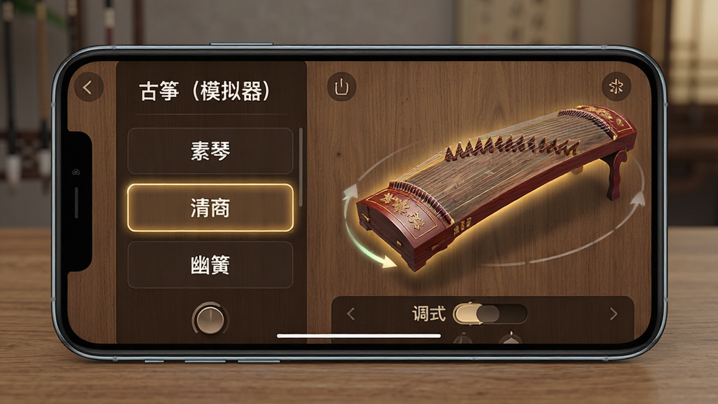 主体:手机横屏放置在桌面上,屏幕显示“古筝(模拟器)”的音色选择界面,罗列着“素琴”、“清商”、“幽簧”等音色选项。布局:界面左侧为音色列表,右侧为一把古筝的3D模型展示,可旋转查看。排版:左右结构清晰,文字标签醒目,古筝模型细节丰富。风格:界面设计简洁优雅,搭配木质纹理背景,营造古朴氛围。细节:选中音色时,古筝模型会发出对应的光效,屏幕下方有调式切换的拨钮。画质:高清,干净,无多余元素。