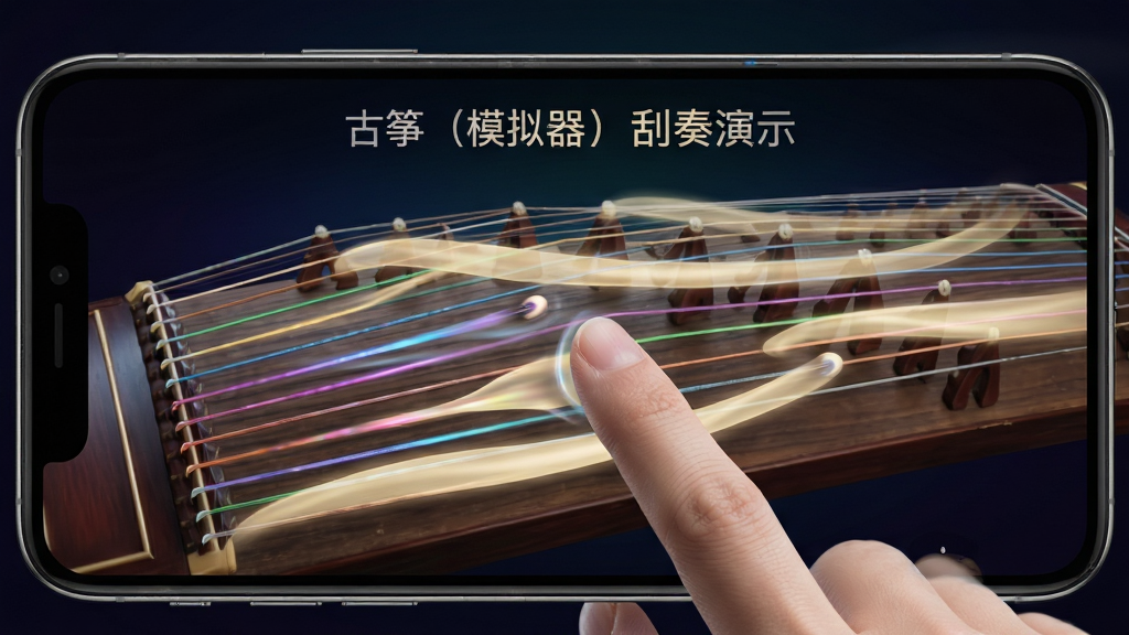主体:一只手指在手机屏幕上进行“刮奏”操作,屏幕上“古筝(模拟器)”的琴弦随之产生流光溢彩的滑动效果。布局:手指特写位于屏幕中央,琴弦横向排列,滑动轨迹带有淡金色的光带。排版:动态感十足,突出手势与屏幕反馈的交互。风格:科技感与艺术感结合,背景为深色渐变。细节:琴弦震动效果真实,光带流畅,屏幕上方显示“古筝(模拟器)刮奏演示”字样。画质:高清,干净,无多余元素。