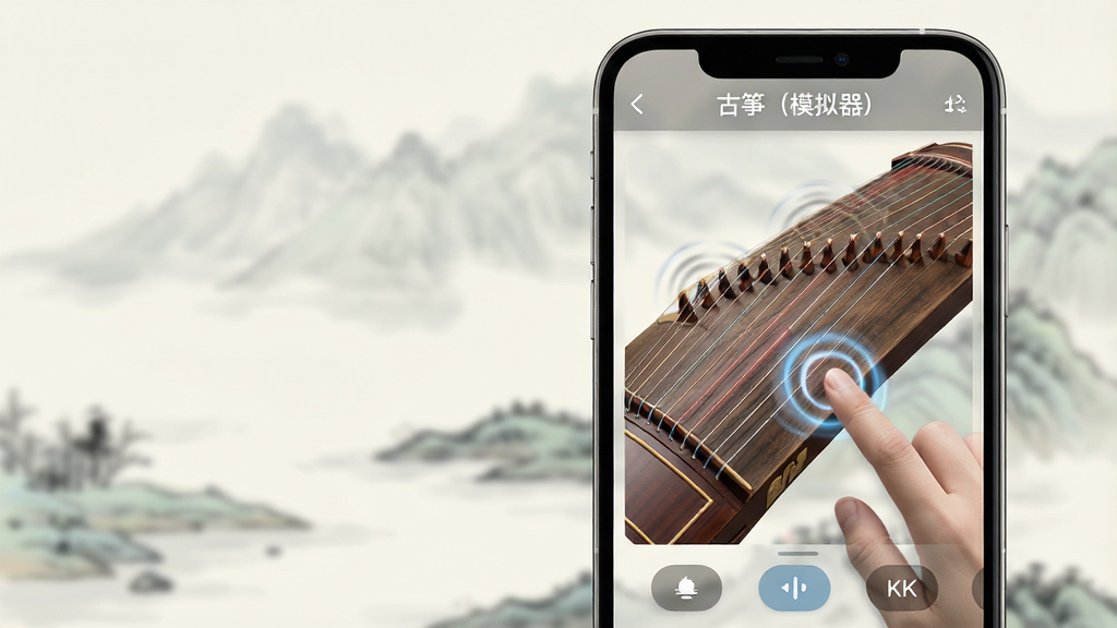 主体:一部智能手机屏幕特写,屏幕上运行着“古筝(模拟器)”应用,界面清晰展示古筝琴弦与弹奏区域。布局:手机居中偏右,左侧留白,屏幕内容为主要视觉焦点,琴弦呈弧形排列,界面有“古筝(模拟器)”字样。排版:画面干净,突出应用界面,背景为淡雅的山水墨画,虚化处理。风格:现代科技与古典韵味结合,高清渲染,色彩柔和,光线自然。细节:屏幕上的琴弦随着手指触控有微微震动反馈的光效,界面下方有功能按钮。画质:8K,干净,无多余元素。