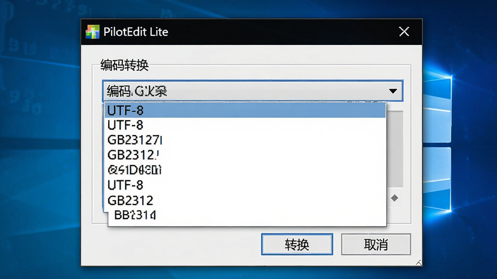 主体:PilotEdit Lite 软件的编码转换对话框。 布局:对话框中央显示“编码转换”选项,下拉列表包含多种编码格式。 排版:选项清晰,有“转换”和“取消”按钮。 风格:简洁的Windows对话框风格。 细节:下拉列表展开,显示“UTF-8”、“GB2312”等选项。 画质:高清,干净,无多余元素。