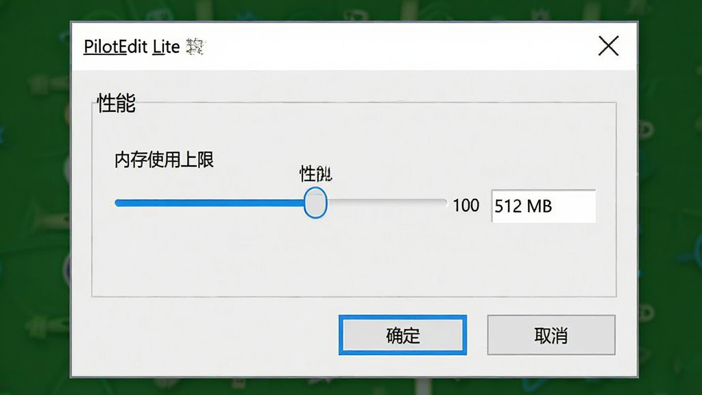 主体:PilotEdit Lite 软件设置界面,展示“首选项”对话框中的“性能”选项。 布局:设置窗口中央显示“内存使用上限”滑块,下方有“确定”和“取消”按钮。 排版:选项排列整齐,滑块旁边有数值显示。 风格:简洁的Windows设置风格。 细节:滑块处于中间位置,数值显示“512 MB”。 画质:高清,干净,无多余元素。