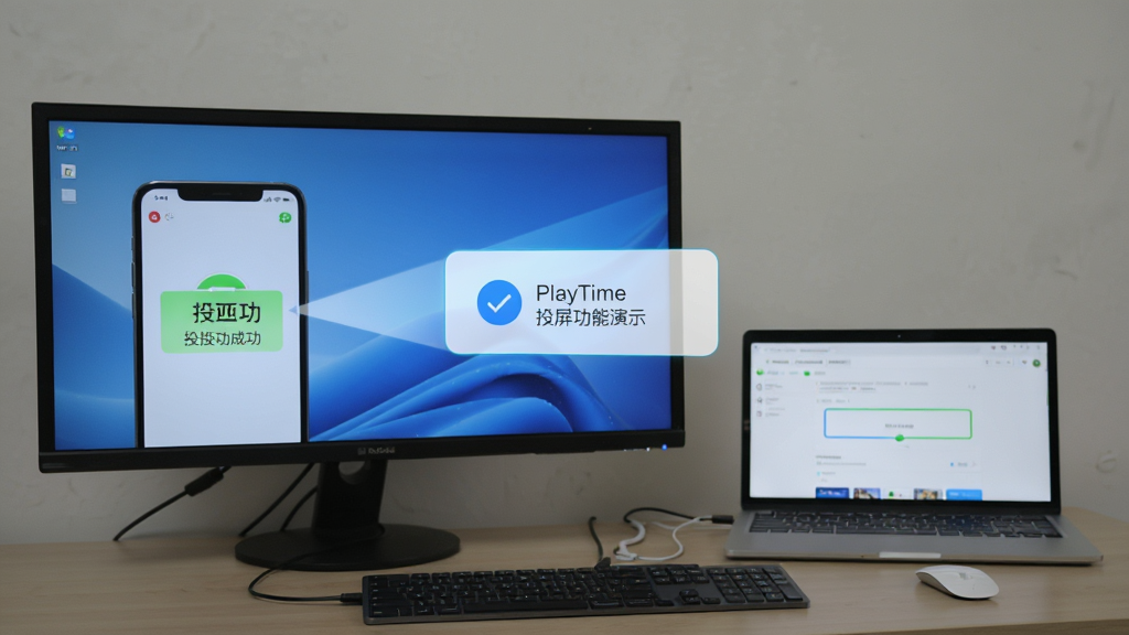 PlayTime投屏功能演示,手机画面无线投射到电脑屏幕,手机与电脑同处一个Wi-Fi环境,界面显示投屏成功提示,干净无多余元素