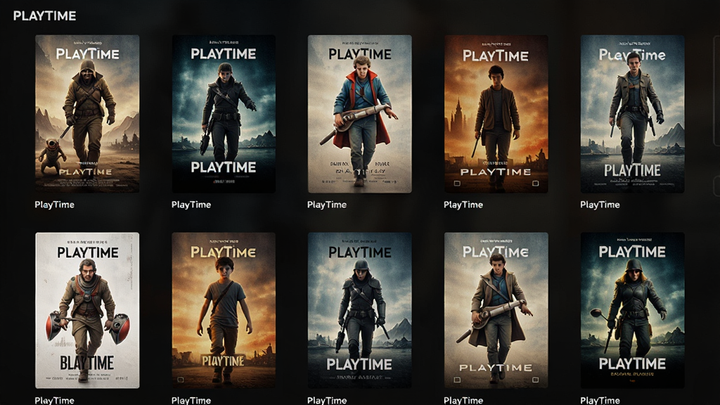 PlayTime媒体库网格视图,展示多部电影海报与名称,分类清晰,界面整洁,深色背景,干净无多余元素