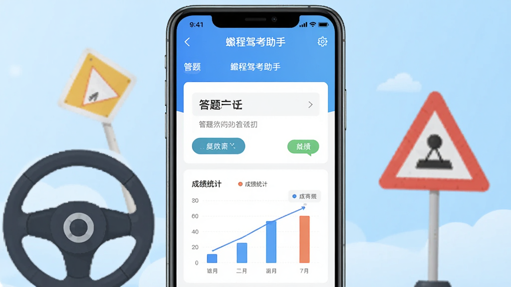 主体为一部智能手机屏幕显示程驾考助手应用界面,界面包含清晰的答题页面和成绩统计图表,背景为浅蓝色渐变,配有方向盘和交通标志的卡通元素,整体排版居中,风格扁平化设计,画面干净明亮,细节丰富,画质高清,无多余元素