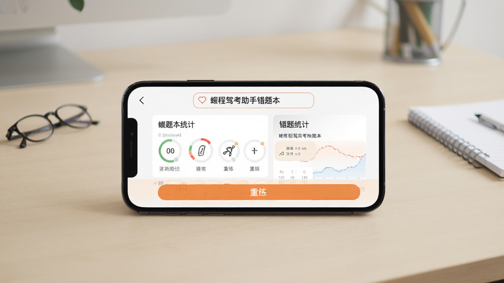 主体为手机横屏显示程驾考助手错题本页面,页面上有错题统计和重练按钮,背景为简洁书桌,布局居中,风格写实,画质干净,无多余元素