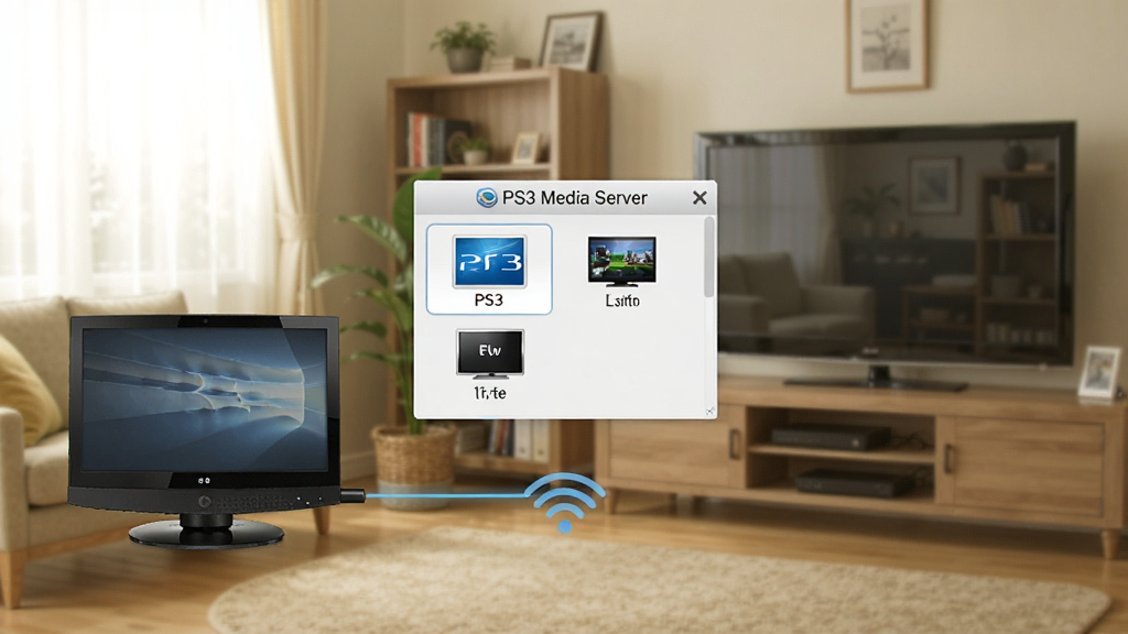PS3 Media Server自动发现设备示意图,画面中一台电脑与电视无线连接,中间显示设备列表弹窗,包含PS3、电视等图标,背景为家居环境,明亮色调,布局合理,细节丰富,画质干净
