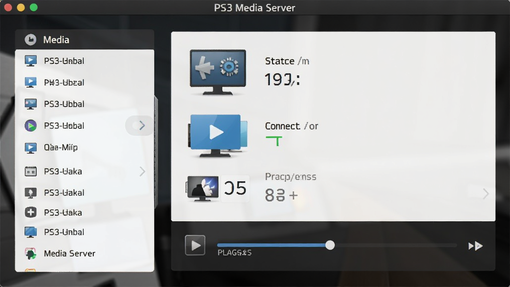 PS3 Media Server软件主界面预览图,深色背景,左侧为媒体库分类列表,右侧为设备连接状态与播放进度,整体布局清晰简洁,现代扁平化设计风格,细节丰富,画质干净,无多余元素
