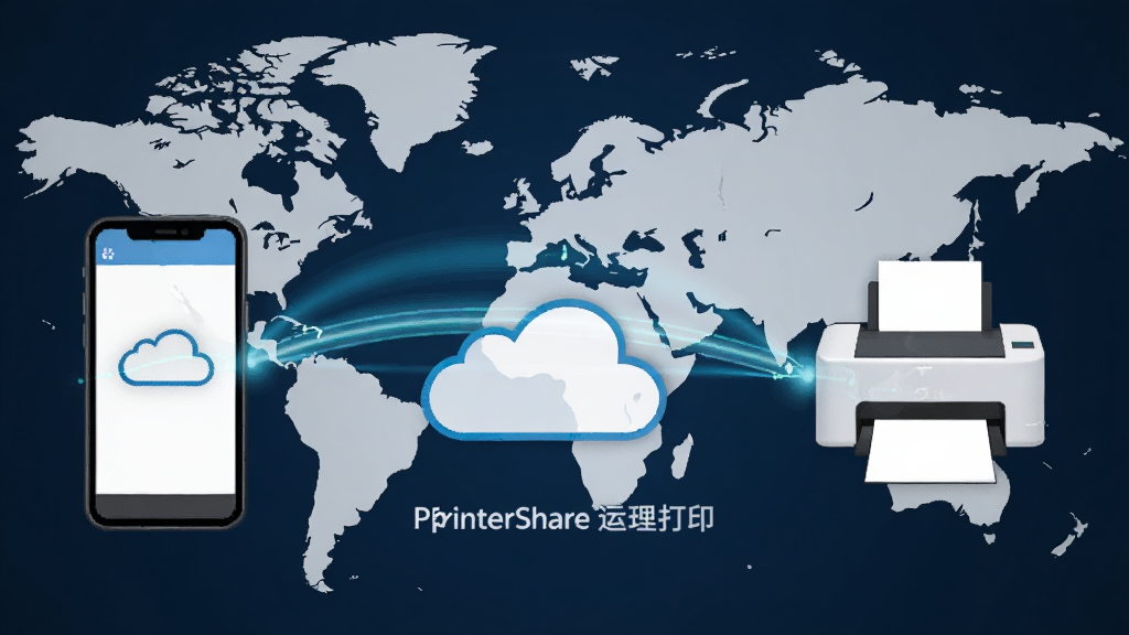 PrinterShare远程打印功能示意图,展示手机与打印机之间的云端连接,背景为世界地图,中间用光线连接,突出跨地域打印特点,画质干净,无多余元素