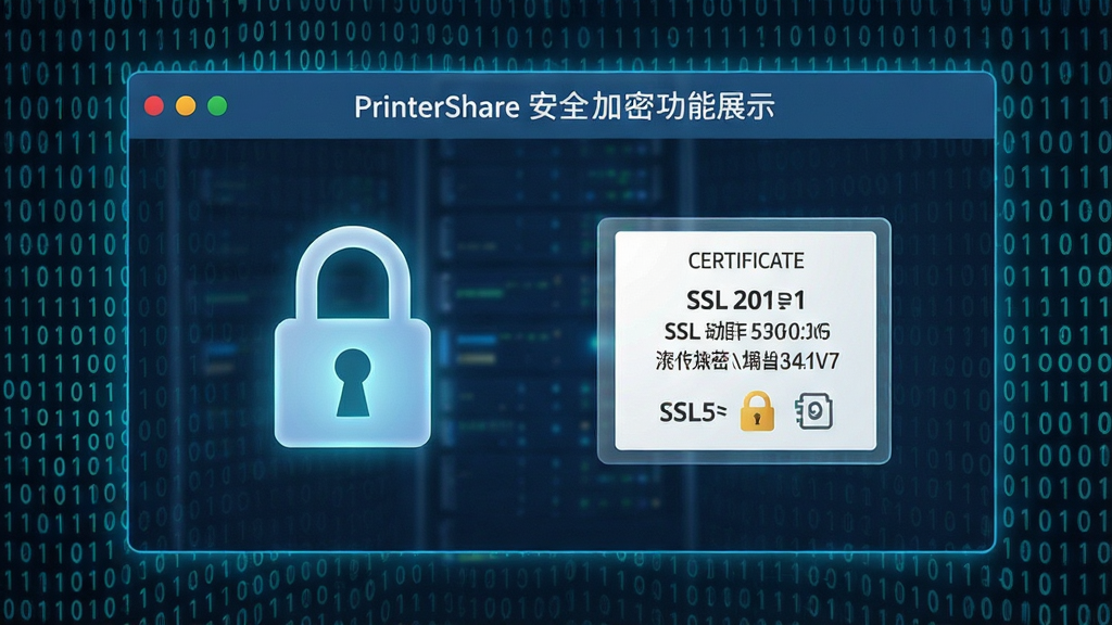 PrinterShare安全加密功能展示,界面显示加密锁图标和SSL证书信息,背景为二进制代码流动,突出数据安全,画质干净,无多余元素