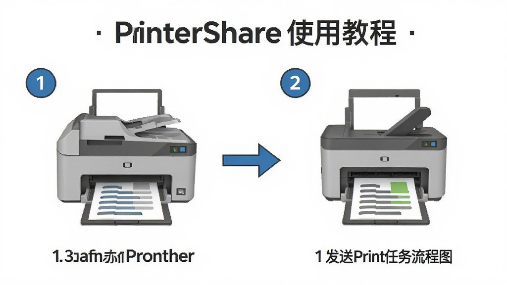 PrinterShare使用教程步骤图,展示从添加打印机到发送打印任务的流程,步骤序号清晰,界面简洁,画质干净,无多余元素
