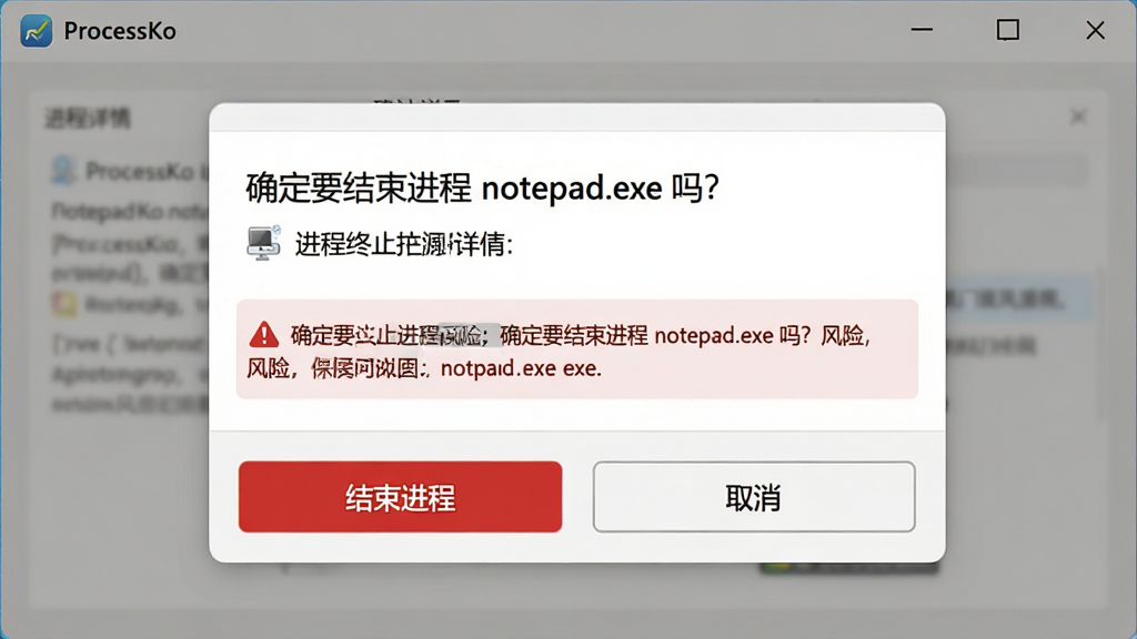 主体:ProcessKo的进程终止操作界面,显示确认对话框。布局:中央为进程详情卡片,下方为“结束进程”和“取消”按钮。排版:信息简洁,按钮醒目,警告提示明显。风格:浅色背景,红色警示按钮,白色卡片。细节:对话框上显示“确定要结束进程 notepad.exe 吗?”以及风险提示文字。画质:清晰锐利,界面干净无多余元素。