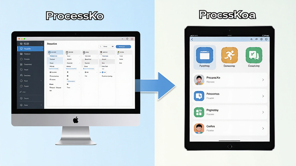 主体:ProcessKo在电脑和手机上运行的对比图,左侧为电脑端界面,右侧为平板触控模式界面。布局:左右分屏展示,中间有箭头连接。排版:两端对齐,界面元素清晰。风格:明亮背景,扁平化设计。细节:电脑端显示完整功能菜单,平板端显示大图标和简化列表。画质:高清渲染,细节丰富,干净无多余元素。