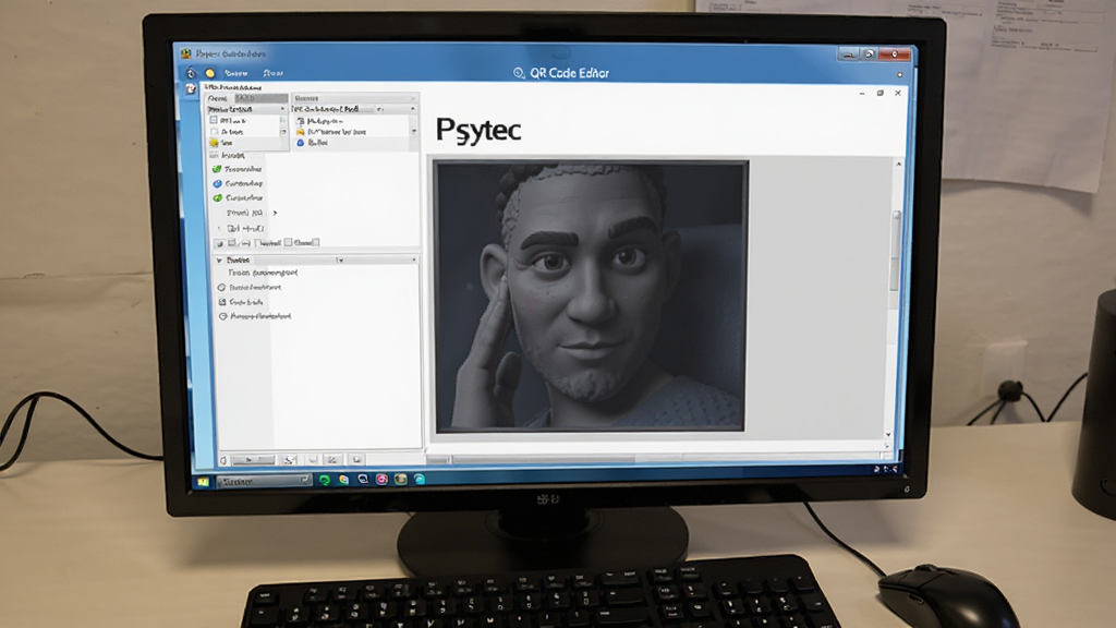 һ��չʾPsytec QR Code Editor�����ڵ��������еĽ�ͼ����Ļ����ʾ�������棬��Χ����Ϊ�칫�����м��̺���꣬��������ʵ�������������޶���Ԫ��