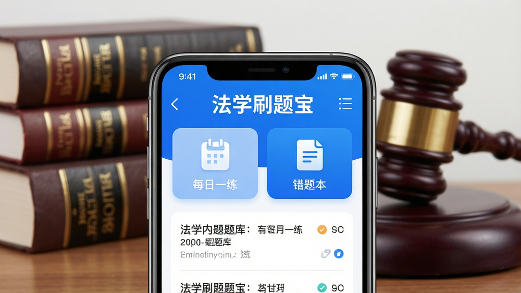主体:法学刷题宝APP界面展示,手机屏幕上有法学题库列表,背景为法律书籍与法槌;布局:手机居中,界面清晰,上方显示“法学刷题宝”字样,下方为试题列表;排版:简洁大方,重点突出;风格:现代科技感,蓝色主调;细节:界面显示“每日一练”“错题本”等模块图标;画质:高清渲染,干净无多余元素。