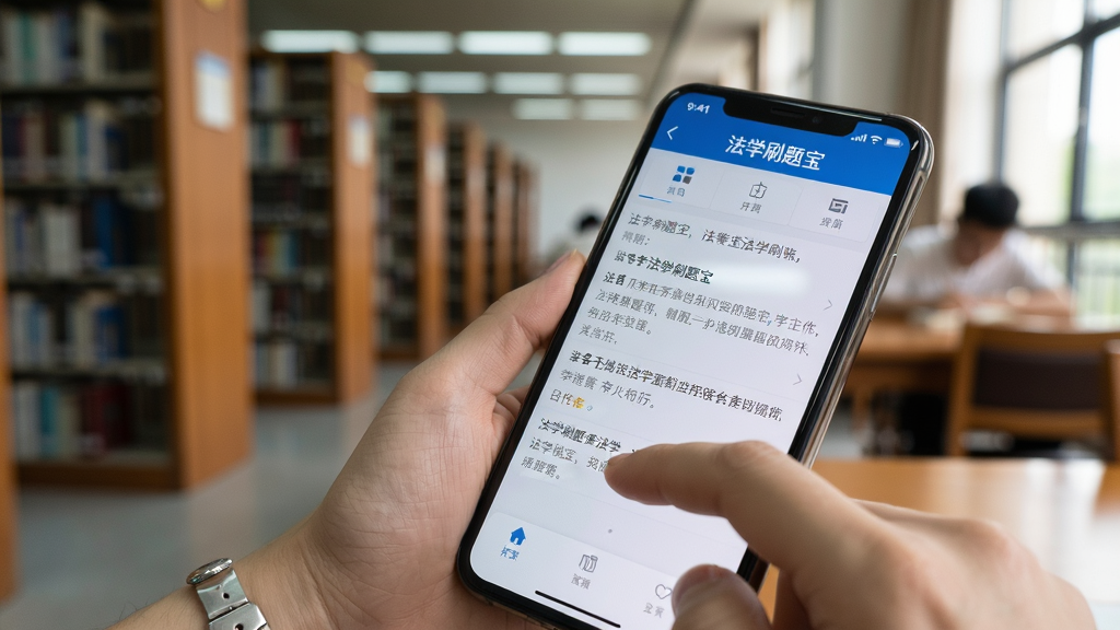 主体:法学刷题宝使用场景,用户正在手机上刷题,背景为图书馆;布局:手机特写,用户手指点击屏幕,屏幕显示题目;排版:自然真实;风格:生活纪实风;细节:界面显示“法学刷题宝”字样,用户专注;画质:高清,干净无多余元素。