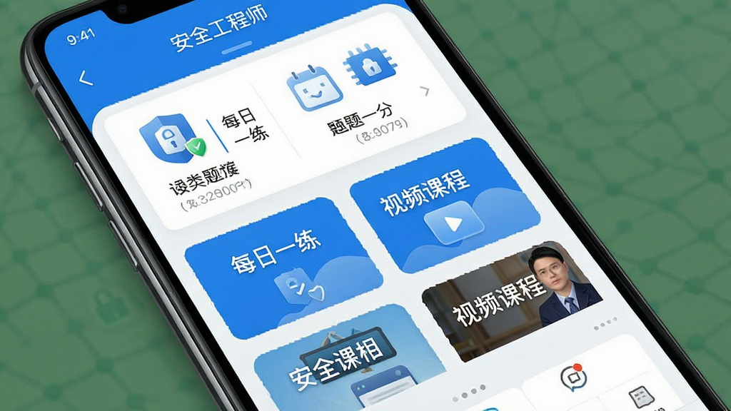 一张展示安全工程师APP主界面的高清手机截图,界面包含题库分类、每日一练、视频课程等核心功能模块,整体风格简洁现代,以蓝色和白色为主色调,图标清晰,文字标注