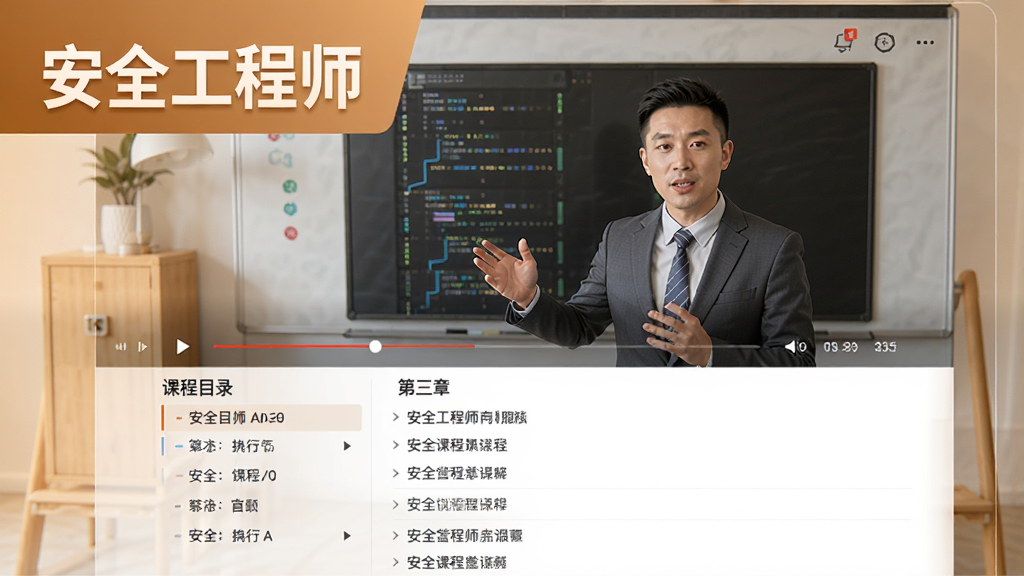 展示安全工程师APP视频课程播放界面的图片,画面中有老师正在讲解知识点,屏幕下方显示课程目录和章节列表,整体风格专业,色调温暖,清晰标注