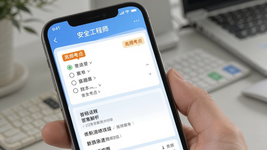 展示安全工程师APP题库练习界面的图片,手机屏幕上有选择题和答案解析,题目旁标注