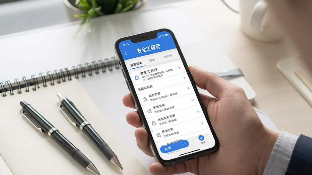 展示安全工程师APP在手机上运行的使用场景图,手机屏幕显示题库列表,旁边有笔和笔记本,桌面整洁,光线明亮,画质清晰,突出