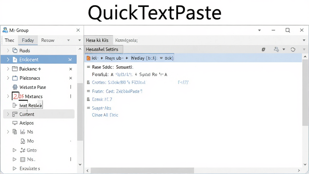 展示QuickTextPaste软件主界面的截图,左侧为分组列表,右侧为内容编辑区,界面布局清晰,排版规整,风格简洁明亮,细节突出热键设置栏,画质干净,无多余元素,图片上方带有“QuickTextPaste”字样