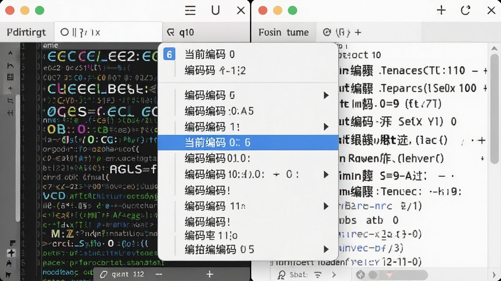 一幅对比示意图,主体是q10文本编辑器界面中编码选择菜单展开的瞬间,显示多种编码选项,背景为编辑区乱码与正常文字的对比,布局左右分栏,风格简洁明了,细节包括高亮的当前编码和中文注释,画质干净