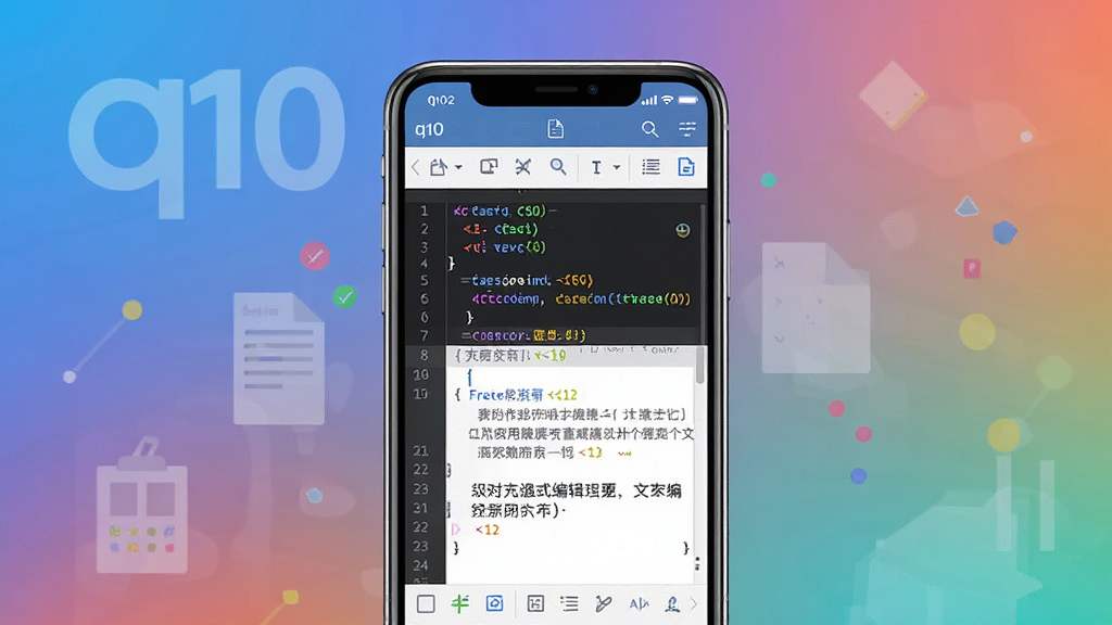 一幅现代扁平化风格的软件宣传图,主体是手机屏幕展示q10文本编辑器界面,屏幕上有清晰的代码和中文文本,背景为渐变色,布局居中,排版简洁,细节包括文件列表和编辑工具栏,画质高清干净无多余元素