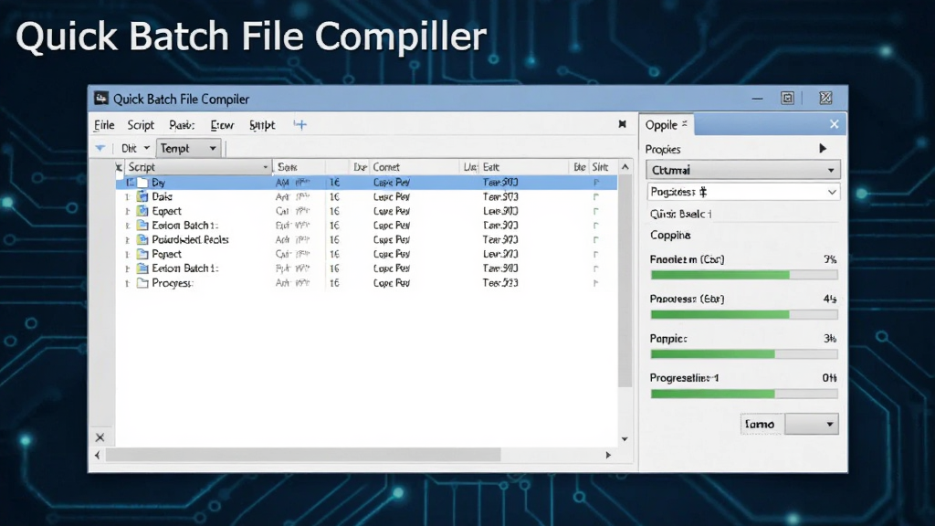 画面主体为Quick Batch File Compiler软件主界面悬浮于深蓝色科技感背景之上,界面布局清晰展示左侧脚本编辑区与右侧编译选项面板,整体采用扁平化设计风格,细节包含文件列表与进度条元素,画质高清干净,无多余元素,左上角带