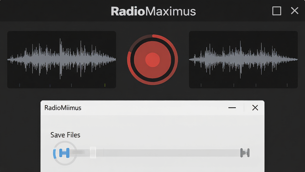 һ��չʾRadioMaximus¼�ƹ��ܵĽ���廭������������ʾ��ɫ¼�ư�ť����Χ����Ƶ����ͼ���·��б����ļ��Ĵ��ڣ�����Ϊ���ɫ��ͻ����RadioMaximus����¼�ƹ��ܣ�������רҵ������ɾ����޶���Ԫ�ء�