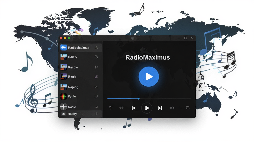 һ��չʾRadioMaximus����������ĸ������ֲ廭��������������ɫ����Ĳ��������ڣ�����е�̨�����б����Ҳ���ʾ��ǰ���ŵĵ�̨���ơ�RadioMaximus��������ɾ��ִ�����ɫ�������Ű�ť����Χ�����������������ͼ�ĳ���������������Ƽ���ʮ�㣬�ɾ��޶���Ԫ�أ�����ϸ�塣