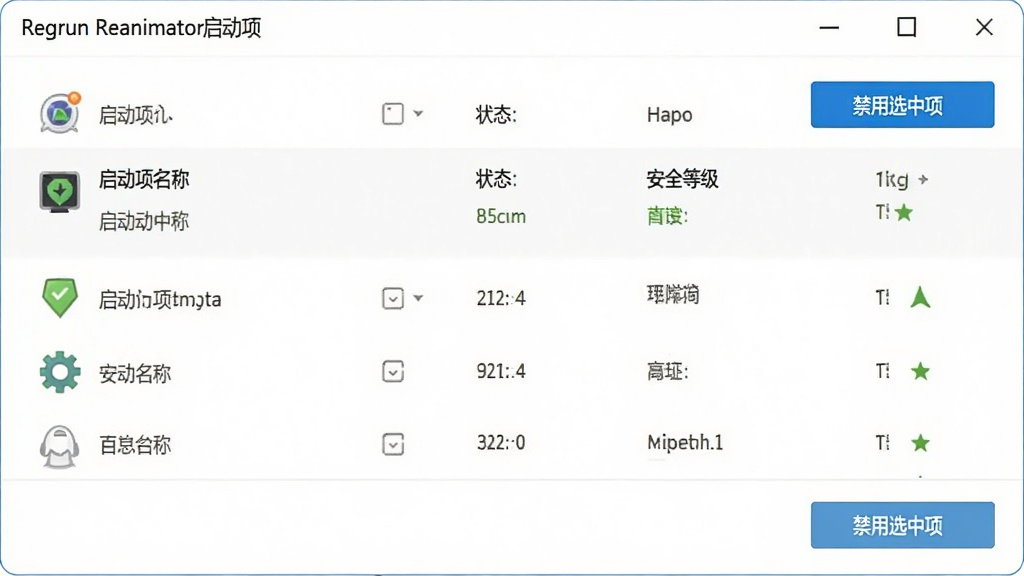 Regrun Reanimator启动项管理界面,列表展示启动项名称、状态、安全等级,背景为白色,界面简洁,按钮