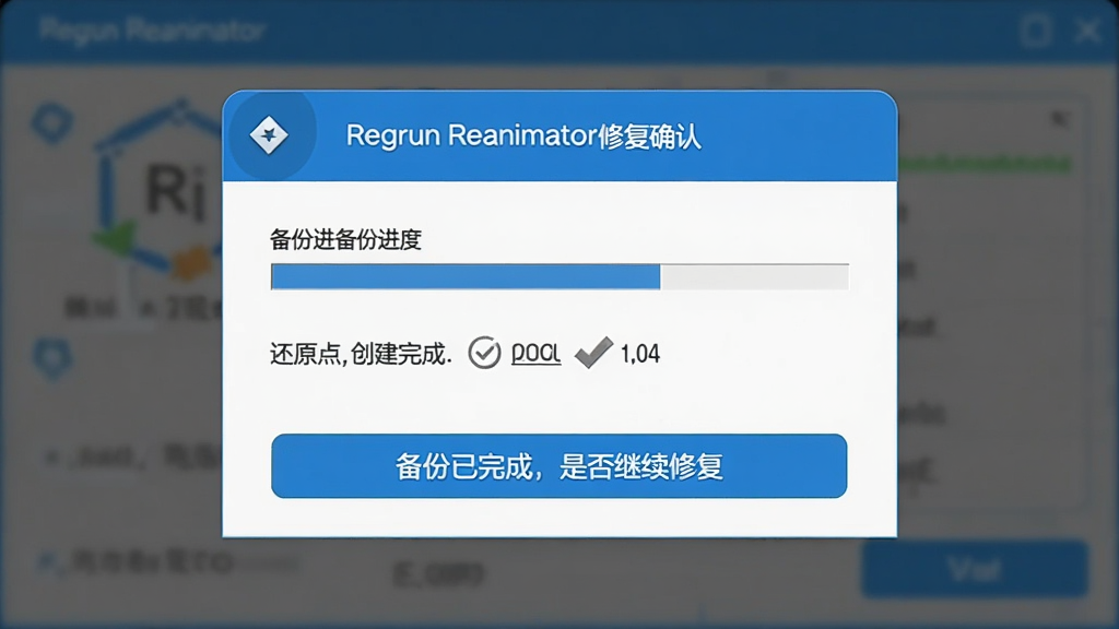 Regrun Reanimator的修复确认弹窗,显示备份进度和还原点创建完成提示,界面为蓝色调,按钮清晰,文字