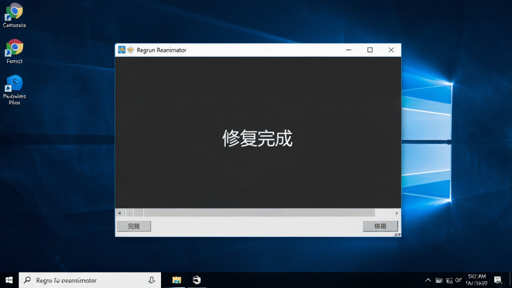 展示Regrun Reanimator在Windows 10系统上运行的截图,桌面背景为蓝色,软件窗口居中显示,界面清晰,文字