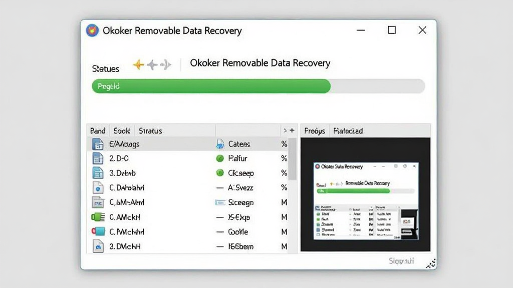 主体为一张电脑屏幕截图,屏幕中显示 Okoker Removable Data Recovery 的恢复进度界面,进度条为绿色,下方有文件列表和预览窗口。布局为居中,背景为浅灰色。排版整洁,风格为写实。细节包括文件类型图标和状态。画质高清,干净,无多余元素。图片文字需包含“Okoker Removable Data Recovery”字样。