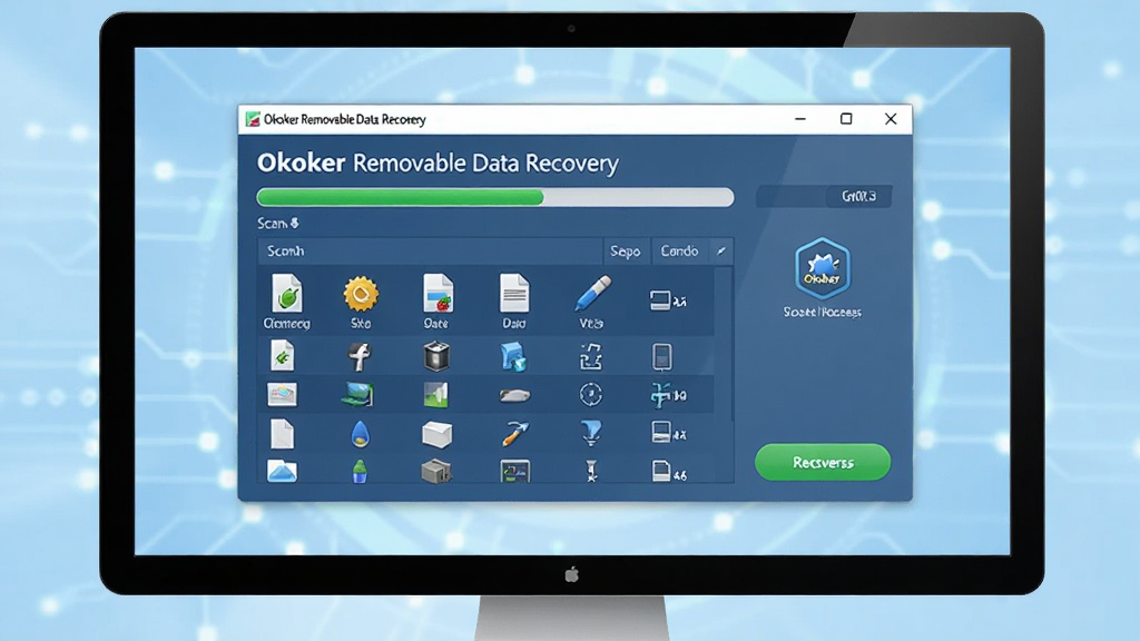 主体为一块电脑屏幕,屏幕内显示 Okoker Removable Data Recovery 软件主界面,界面中有扫描进度条和文件列表,右侧有恢复按钮。布局为主界面居中,背景为淡蓝色科技感渐变。排版清晰,图标简洁,风格为现代扁平化设计。细节包括界面上的文件类型图标和绿色进度条。画质高清,干净,无多余元素。图片文字需包含“Okoker Removable Data Recovery”字样。