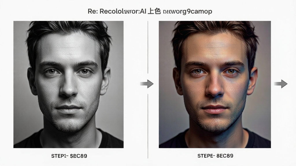 Recolored软件AI上色功能演示图,主体为一张黑白人像照片被逐步添加色彩的过程,布局为分步对比展示,排版清晰,风格写实,细节丰富,画质高清,干净无多余元素