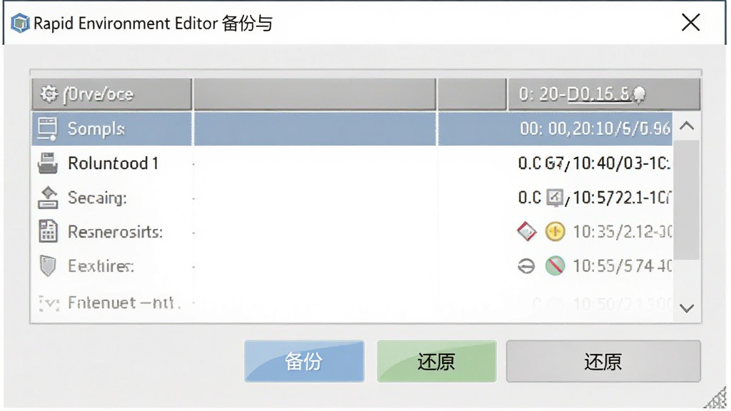 主体:Rapid Environment Editor的备份与恢复界面,显示备份列表和时间戳,布局:居中对话框,排版:简洁明了,风格:专业工具风,细节:有“备份”、“还原”按钮,画质:高清,干净,无多余元素