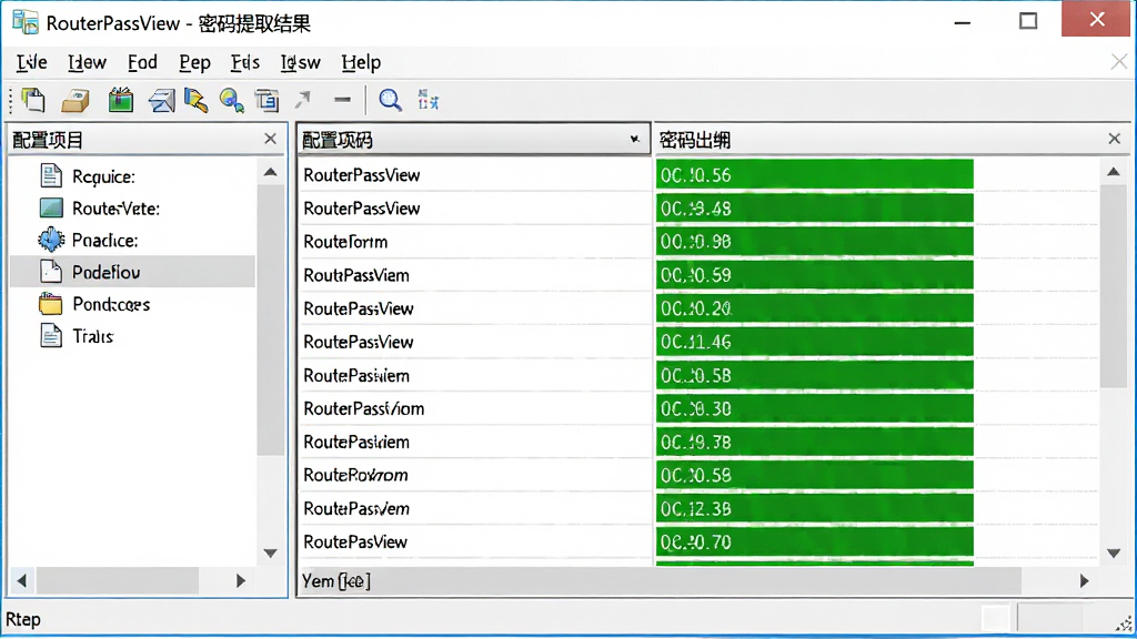 主体:RouterPassView软件运行窗口截图,左侧为文件列表,右侧为提取出的密码明细。布局:窗口居中,菜单栏与工具栏清晰可见。排版:表格形式展示,每行对应一个配置项。风格:简洁Windows桌面应用风格。细节:密码列以绿色字体高亮显示,窗口标题为“RouterPassView - 密码提取结果”。画质:清晰,干净,无多余元素。