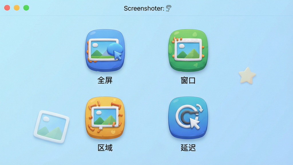 ���壺Screenshoter������ͼģʽѡ����棬��ʾ���ֽ�ͼ��ʽͼ�ꡣ���֣�����չʾ�ĸ�ģʽͼ�꣬�ֱ��ע��ȫ�����������ڡ��������򡱡����ӳ١�������Ϊǳ��ɫ���䡣�Ű棺ͼ��������У��·��м��˵�����֡�������²廭�磬ɫ�����졣ϸ�ڣ�ÿ��ͼ��������У��������������ʣ����壬�ɾ����޶���Ԫ�ء�