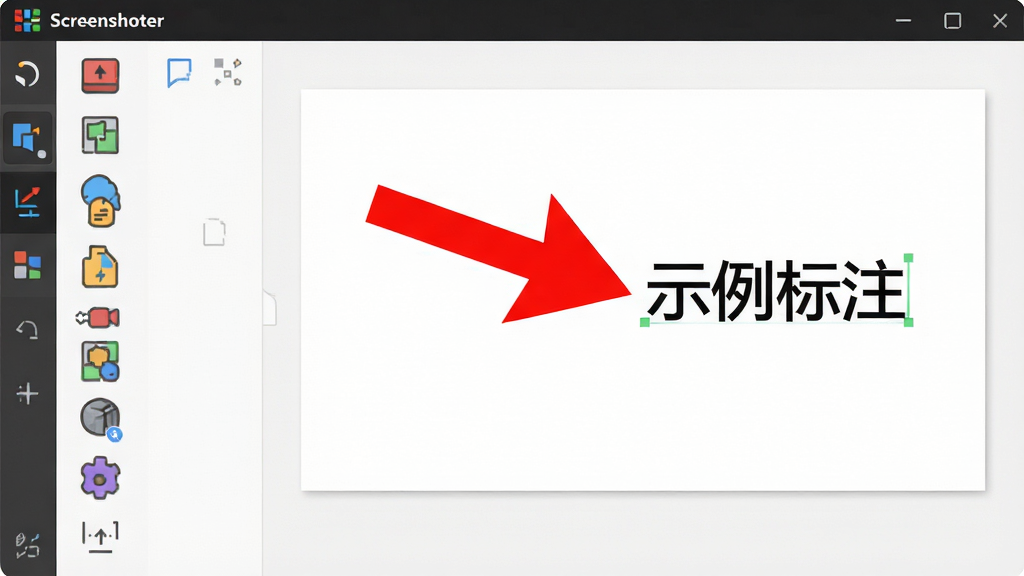 ���壺Screenshoter�༭�����棬չʾ���ֱ�ע���ߡ����֣���๤�������Ҳ�Ϊ��ͼ��������������һ����ɫ��ͷ������ע�͡��Ű棺����ͼ�����ţ��������С���񣺼��ʵ�÷�񣬰�ɫ��������ɫ����ͼ�ꡣϸ�ڣ���ͷָ�����������ֱ�ע��ʾ����ע�������ʣ����壬�ɾ����޶���Ԫ�ء�