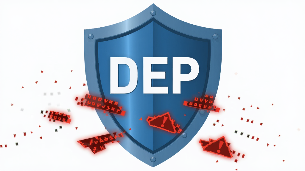 主体:一面盾牌上写着“DEP”字样,盾牌前方有正在被拦截的恶意代码碎片;布局:盾牌居中,碎片散落在盾牌前方;排版:盾牌上的文字醒目;风格:现代扁平化风格;细节:碎片带有红色警告色,盾牌为蓝色金属质感;画质:高清,画面干净,无多余元素。