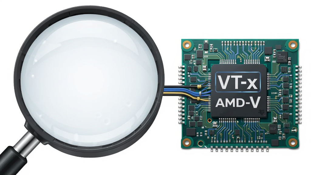 主体:一个放大镜正在观察电脑主板上的CPU芯片,芯片上标注“VT-x”和“AMD-V”字样;布局:放大镜位于画面左侧,芯片位于右侧,中间有连接线;排版:简洁明了,重点突出;风格:写实科技插画风;细节:芯片表面电路纹理清晰,放大镜玻璃有反光;画质:4K超清,干净整洁,无多余元素。